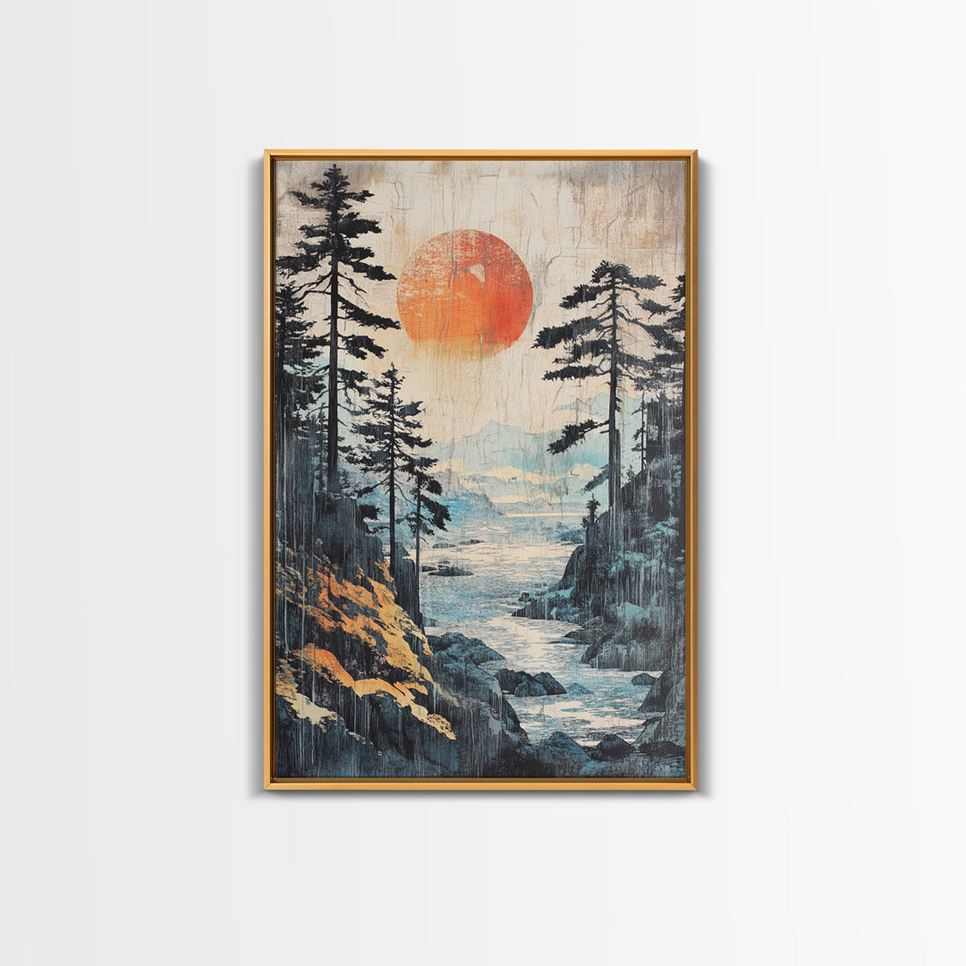 Red Sun Forest River Wall Art, Japanese Mountain Landscape Print, Nature Wall Decor, Large Framed Canvas Print For Living Room Decor