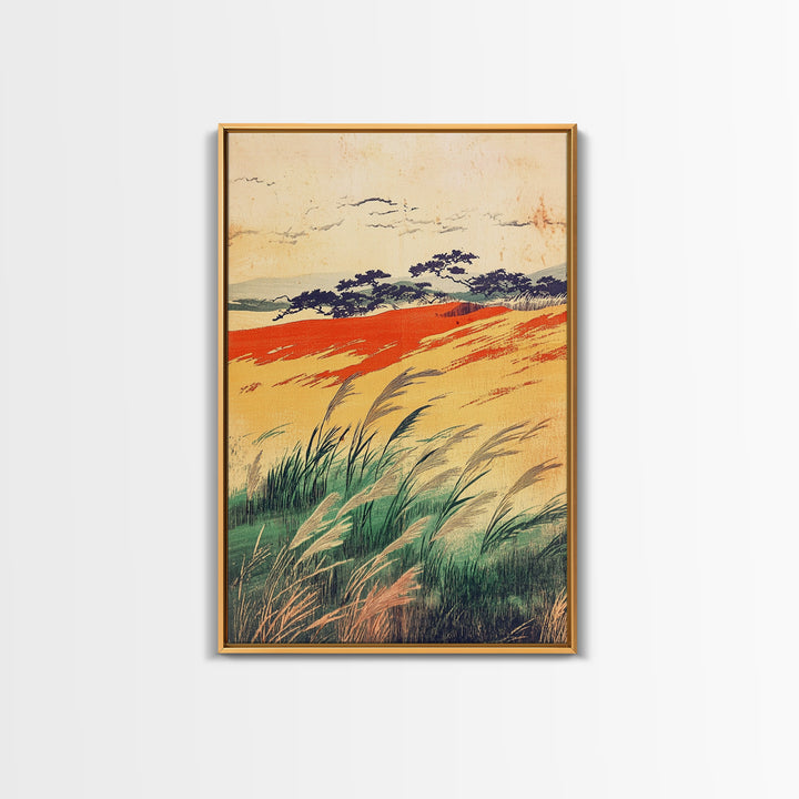 Golden Meadow Grasses And Coastal Hills Wall Art, Rustic Country Landscape Print, Farmhouse Decor, Warm Nature Canvas Print