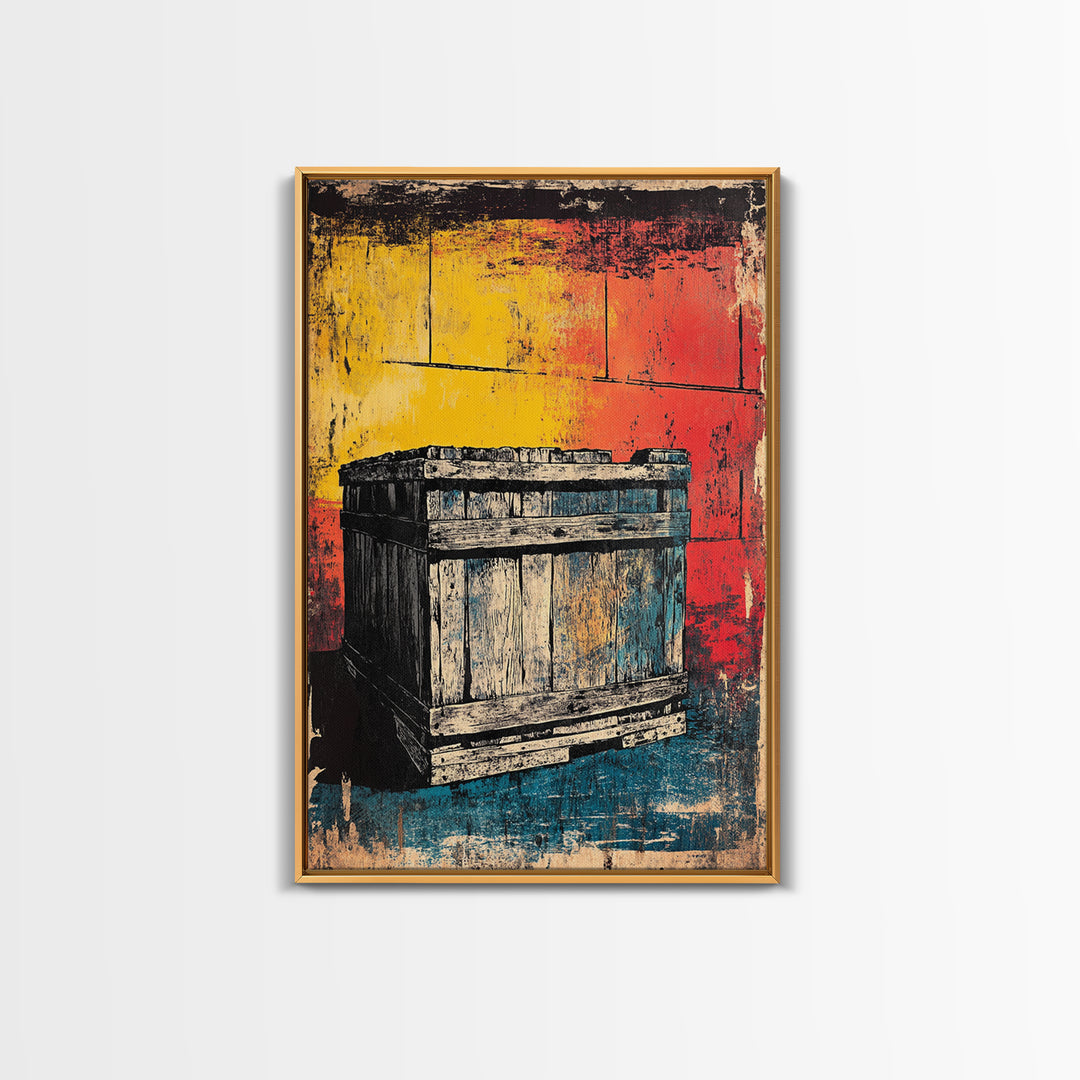 Weathered Wooden Crate Still Life Wall Art, Rustic Industrial Decor, Farmhouse Kitchen Print, Bold Color Canvas Print, Housewarming Gift