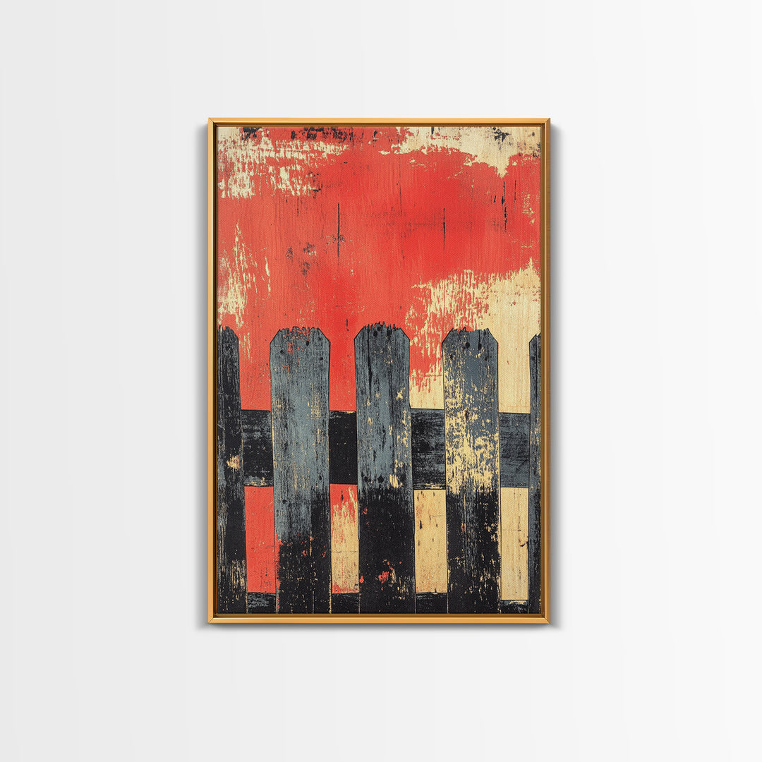 Black Picket Fence On Red Background Wall Art, Rustic Abstract Print, Farmhouse Wall Decor, Modern Canvas Print, Bold Home Decor