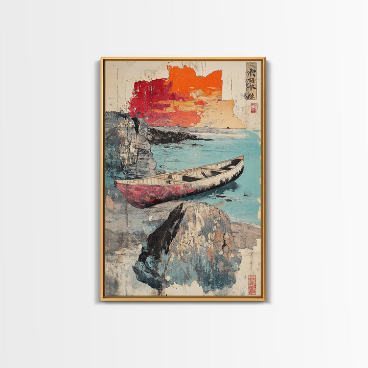 Weathered Canoe And Sea Cliffs Wall Art, Japanese Coastal Print, Ocean Landscape Decor, Nautical Living Room Wall Art, Home Decor