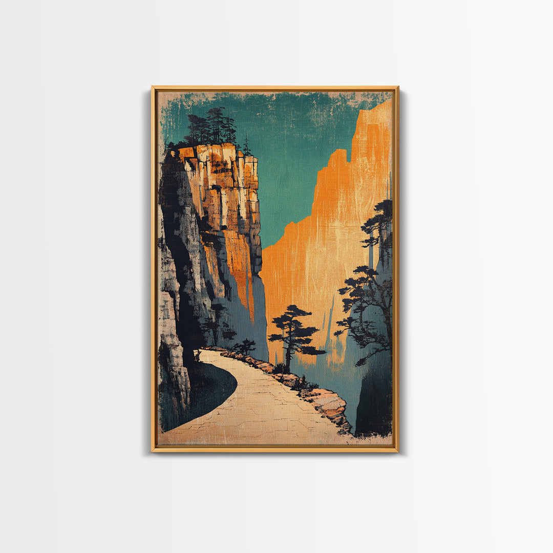 Golden Mountain Path Framed Canvas Print, Japanese Landscape Wall Art, Japandi Decor, Nature Wall Art, Entryway Wall Decor