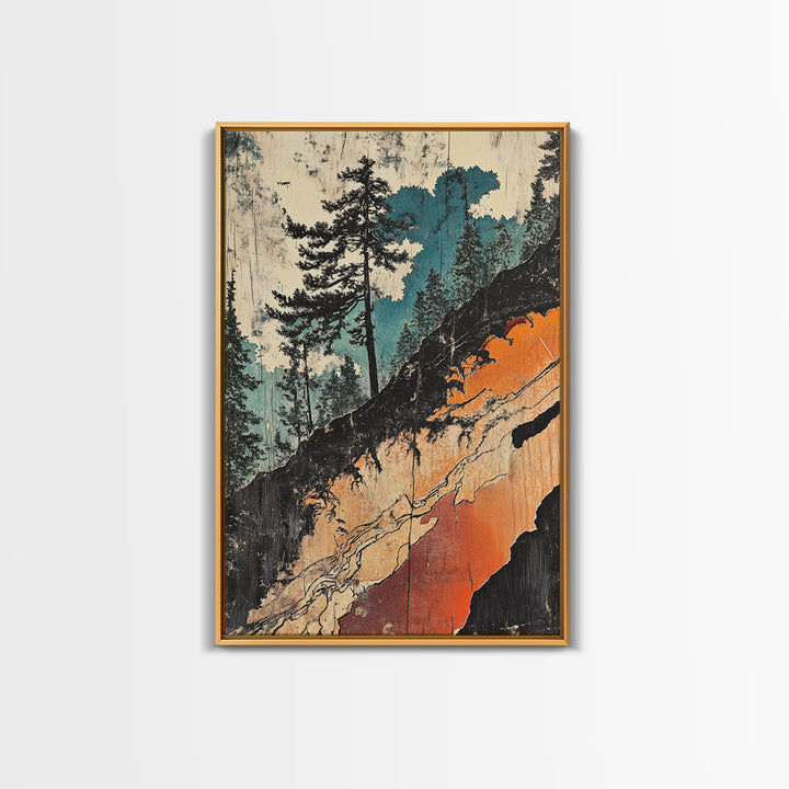 Teal Forest Cliff Abstract Landscape Wall Art, Japanese Woodblock Canvas Print, Rustic Nature Decor, Modern Living Room Decor
