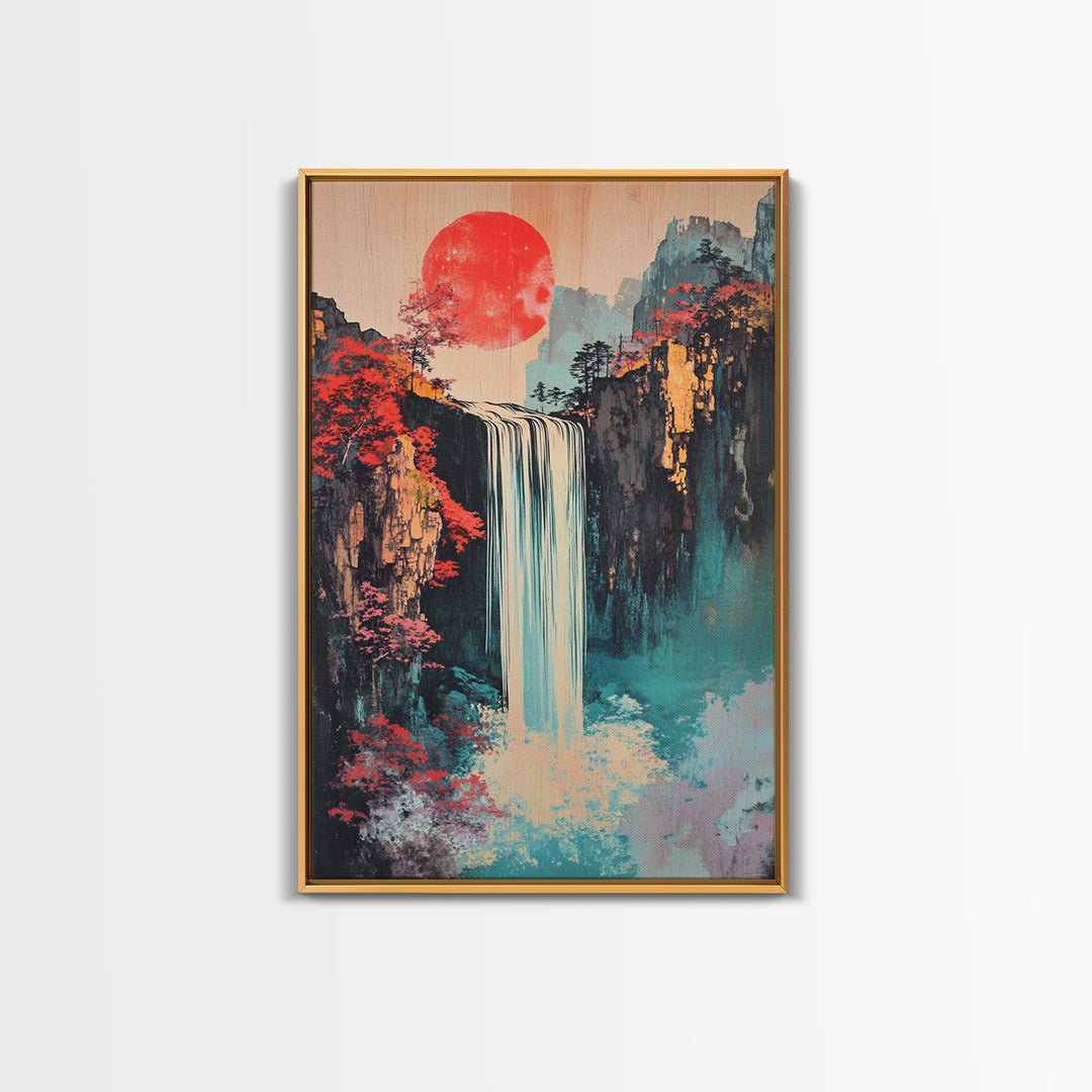 Red Sun Waterfall Mountain Landscape Wall Art, Japanese Woodblock Print Style, Teal Coastal Decor, Zen Living Room Art Print