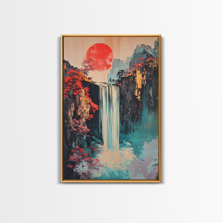 Red Sun Waterfall Mountain Landscape Wall Art, Japanese Woodblock Print Style, Teal Coastal Decor, Zen Living Room Art Print