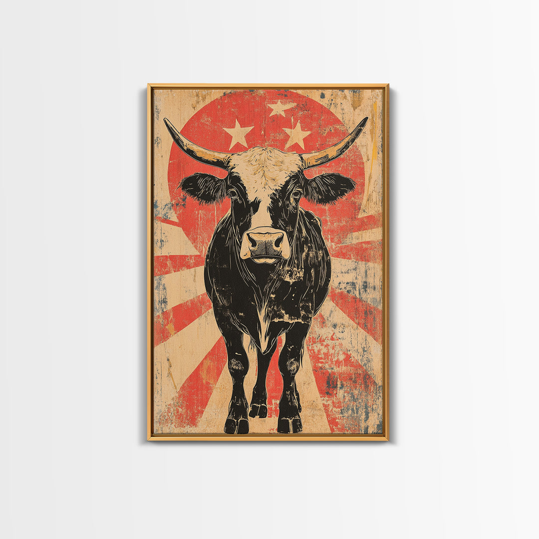 Black Longhorn Bull Retro Western Wall Art, Rustic Farmhouse Cowboy Canvas Print, Bold Animal Print, Man Cave Home Decor, Gift For Him