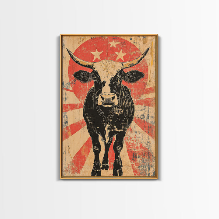 Black Longhorn Bull Retro Western Wall Art, Rustic Farmhouse Cowboy Canvas Print, Bold Animal Print, Man Cave Home Decor, Gift For Him