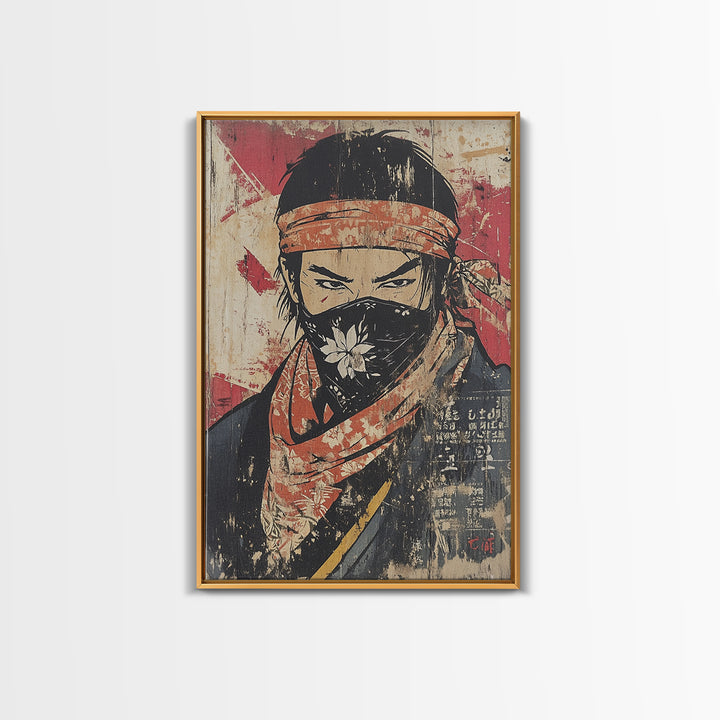 Masked Samurai Warrior Portrait Wall Art, Japanese Ink Style Canvas Print, Dark Academia Decor, Bold Asian Wall Decor, Gift For Him