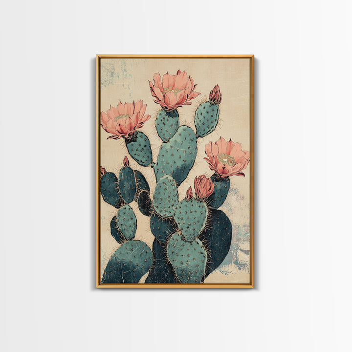 Blooming Prickly Pear Cactus Wall Art, Southwestern Botanical Canvas Print, Pink Floral Desert Decor, Boho Home Decor, Gift For Her