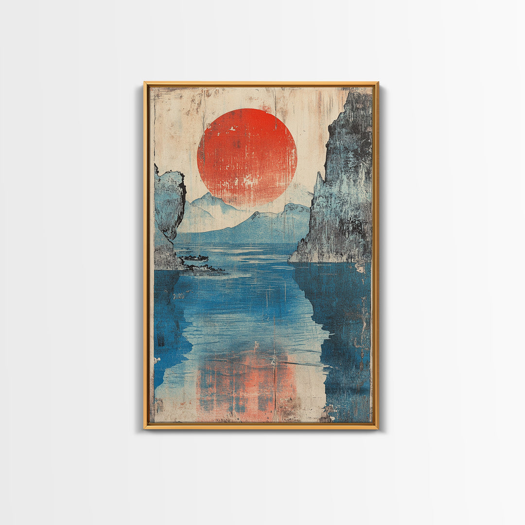 Red Sun Blue Mountain Lake Wall Art, Japanese Woodblock Style Canvas Print, Calm Coastal Landscape Decor For Living Room