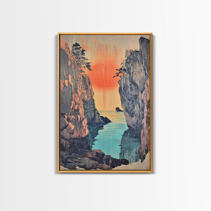 Sunset Sea Canyon Between Cliffs Framed Canvas Print, Japanese Wall Art, Coastal Landscape Poster, Ocean Decor Gift For Her