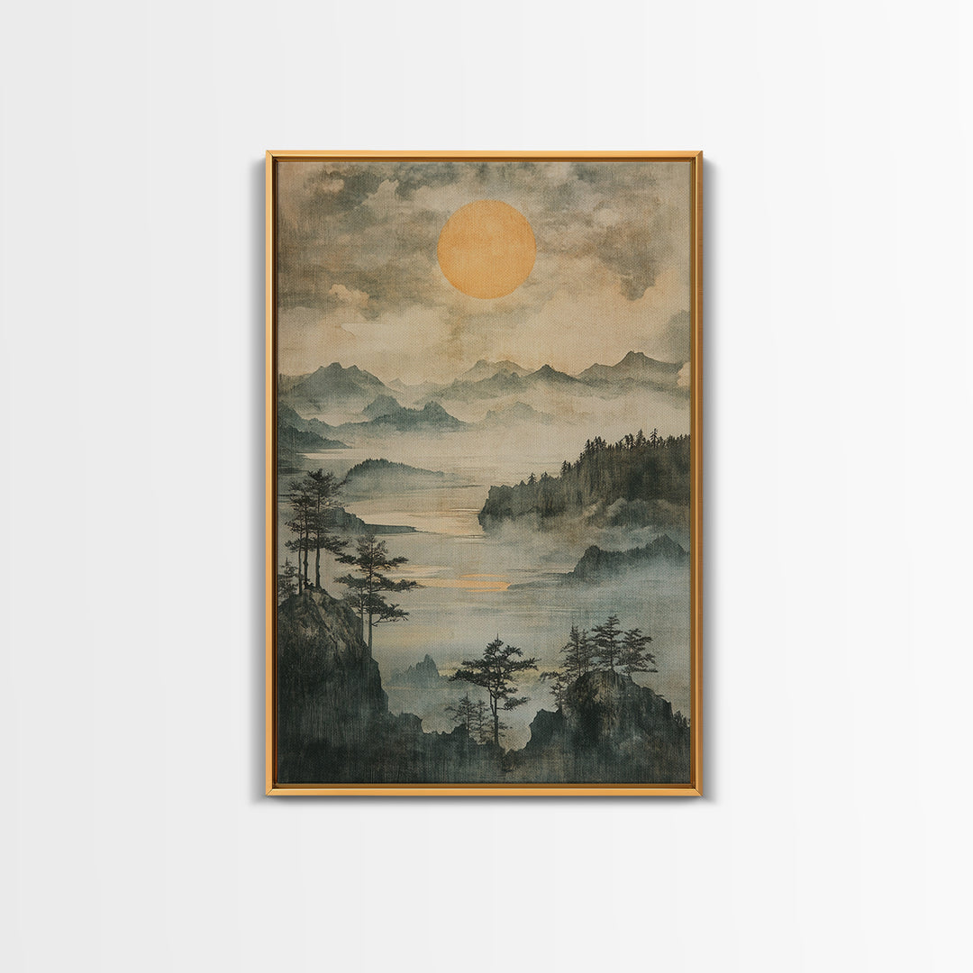 Misty Mountain Lake With Golden Sun Wall Art, Japanese Landscape Canvas Print, Serene Forest Decor, Japandi Home Decor Gift