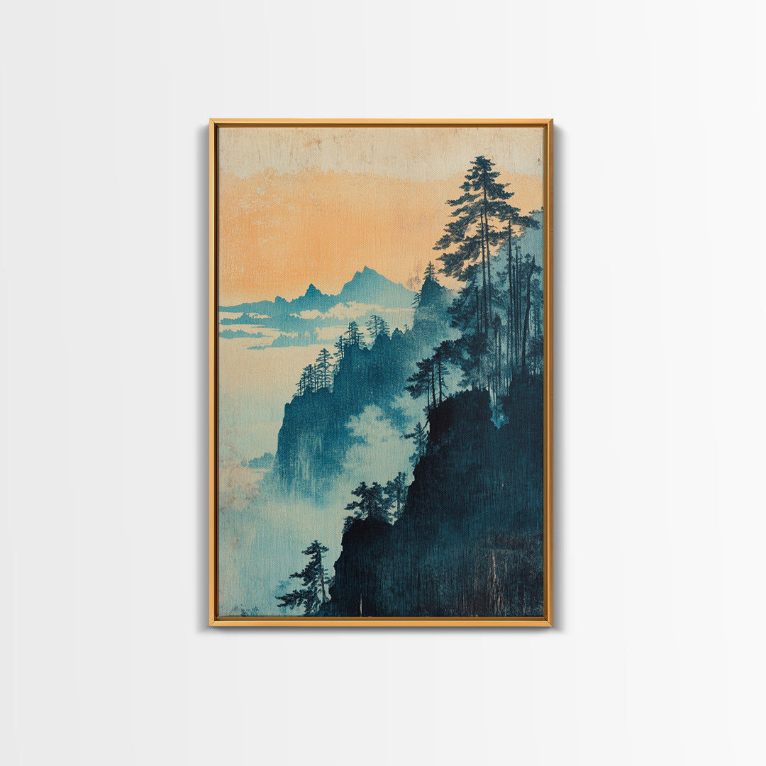 Blue Mist Forested Cliffs At Dawn Canvas Print, Japanese Landscape Wall Art, Nature Wall Decor, Serene Coastal Home Decor