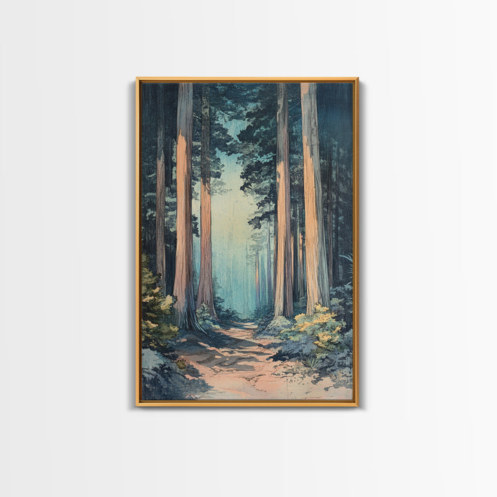 Misty Redwood Forest Path Wall Art, Tall Tree Nature Print, Moody Woodland Decor, Japandi Living Room Canvas Print For Entryway