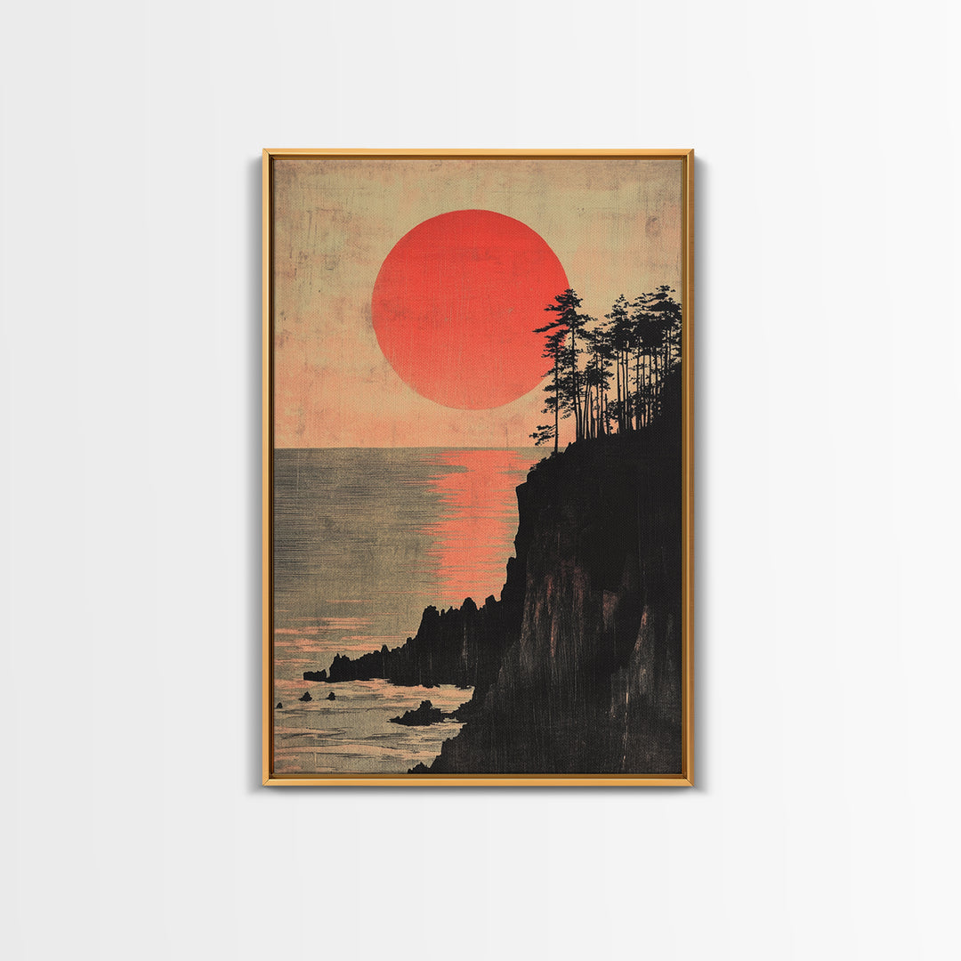 Crimson Sun Over Ocean Cliffs Wall Art, Japanese Coastal Poster, Moody Seascape Decor, Large Framed Canvas Print For Living Room