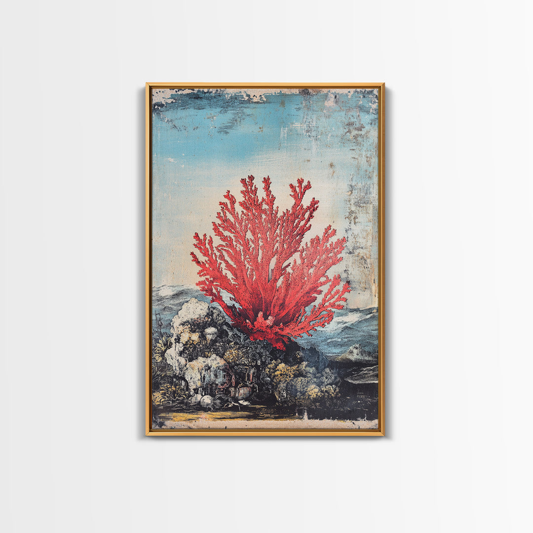 Red Sea Fan Coral On Rocks Wall Art, Coastal Ocean Botanical Print, Nautical Beach House Decor, Framed Canvas Print Gift