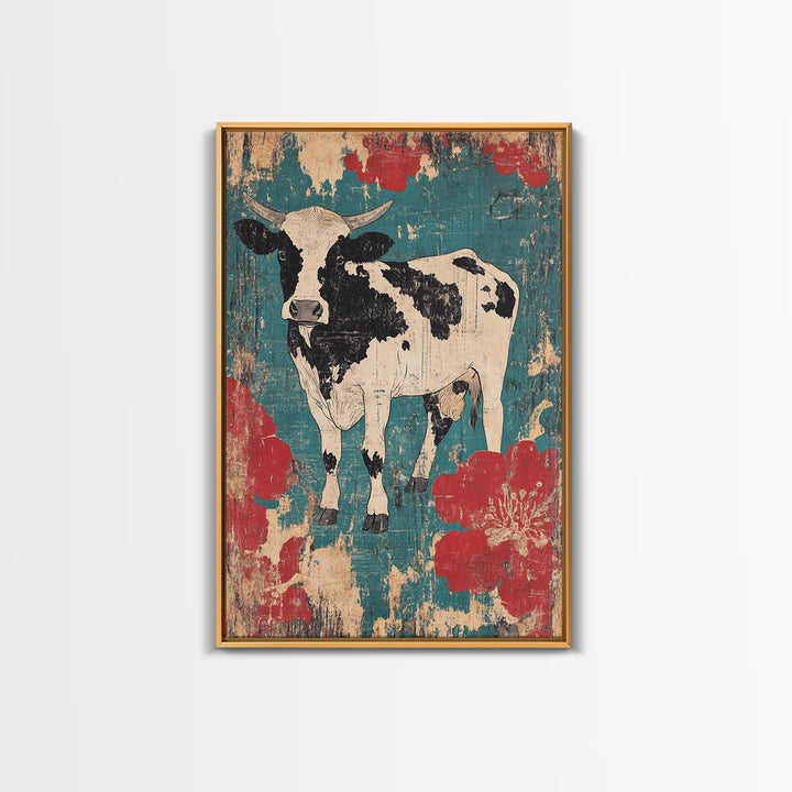 Black And White Cow Wall Art, Floral Farmhouse Canvas Print, Rustic Animal Decor, Teal Red Kitchen Living Room Art, Home Decor