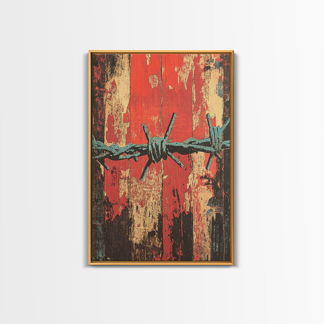 Barbed Wire Abstract Wall Art, Grunge Western Canvas Print, Red Teal Industrial Decor, Bold Rustic Statement Art For Office Decor