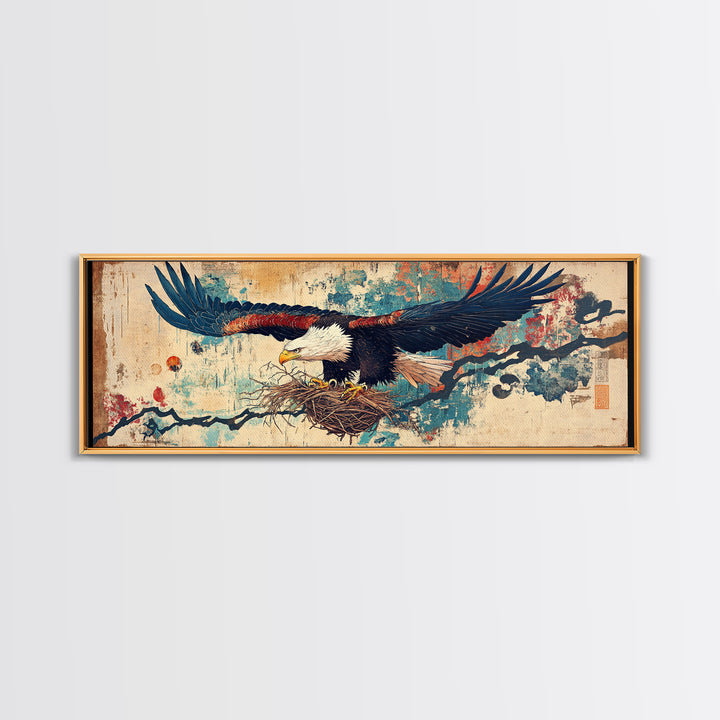 Soaring Eagle With Nest Japanese Inspired Wall Art, Panoramic Canvas Print, Asian Decor, Nature Wall Decor, Gift For Bird Lover