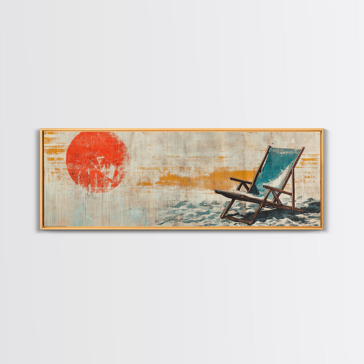 Red Sun Beach Chair Coastal Wall Art, Panoramic Canvas Print, Beach House Decor, Ocean Wall Decor, Summer Living Room Art