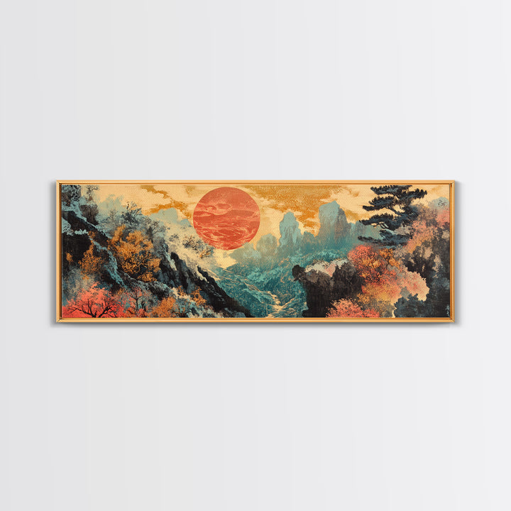 Red Sun Autumn Mountains Japanese Wall Art, Framed Canvas Print, Panoramic Landscape, Japandi Decor, Large Living Room Art