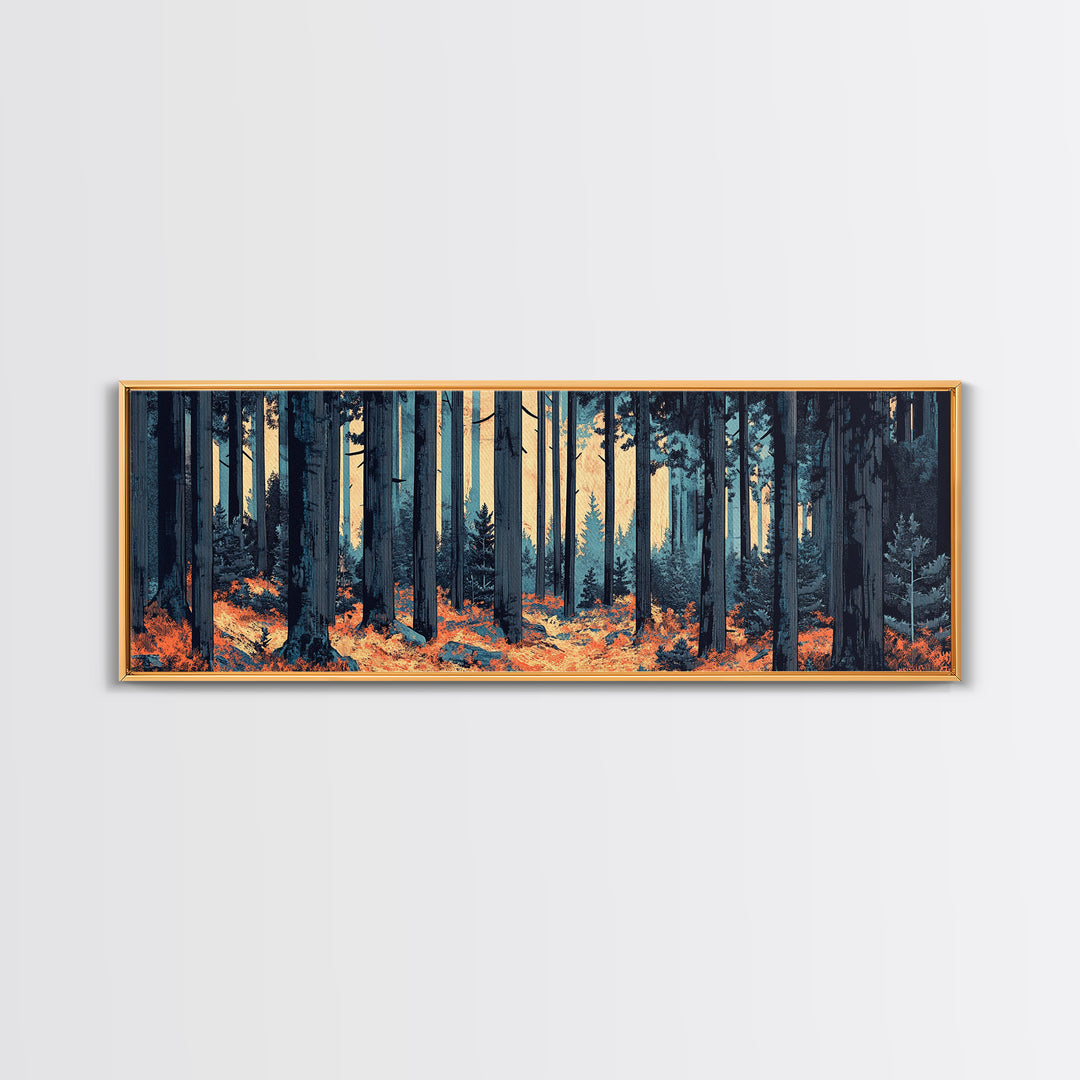 Blue Pine Forest With Orange Leaves Wall Art, Long Horizontal Canvas Print, Woodland Nature Decor, Moody Living Room Art