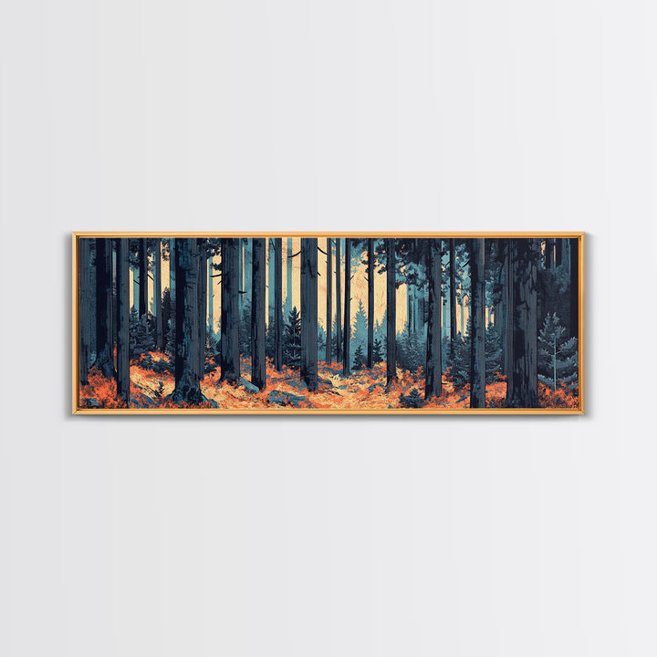 Blue Pine Forest With Orange Leaves Wall Art, Long Horizontal Canvas Print, Woodland Nature Decor, Moody Living Room Art