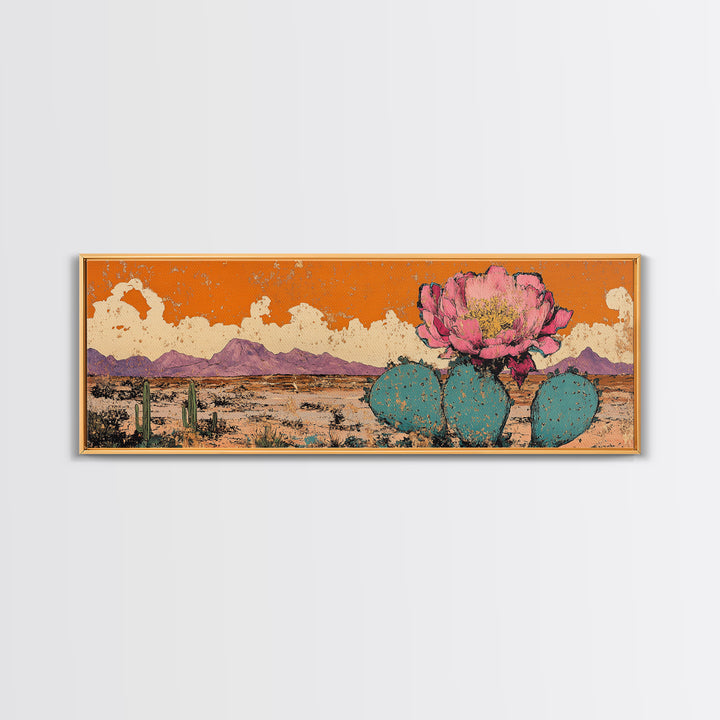 Pink Prickly Pear Cactus Desert Wall Art, Framed Canvas Print, Southwestern Decor, Orange Landscape, Gift For Plant Lover