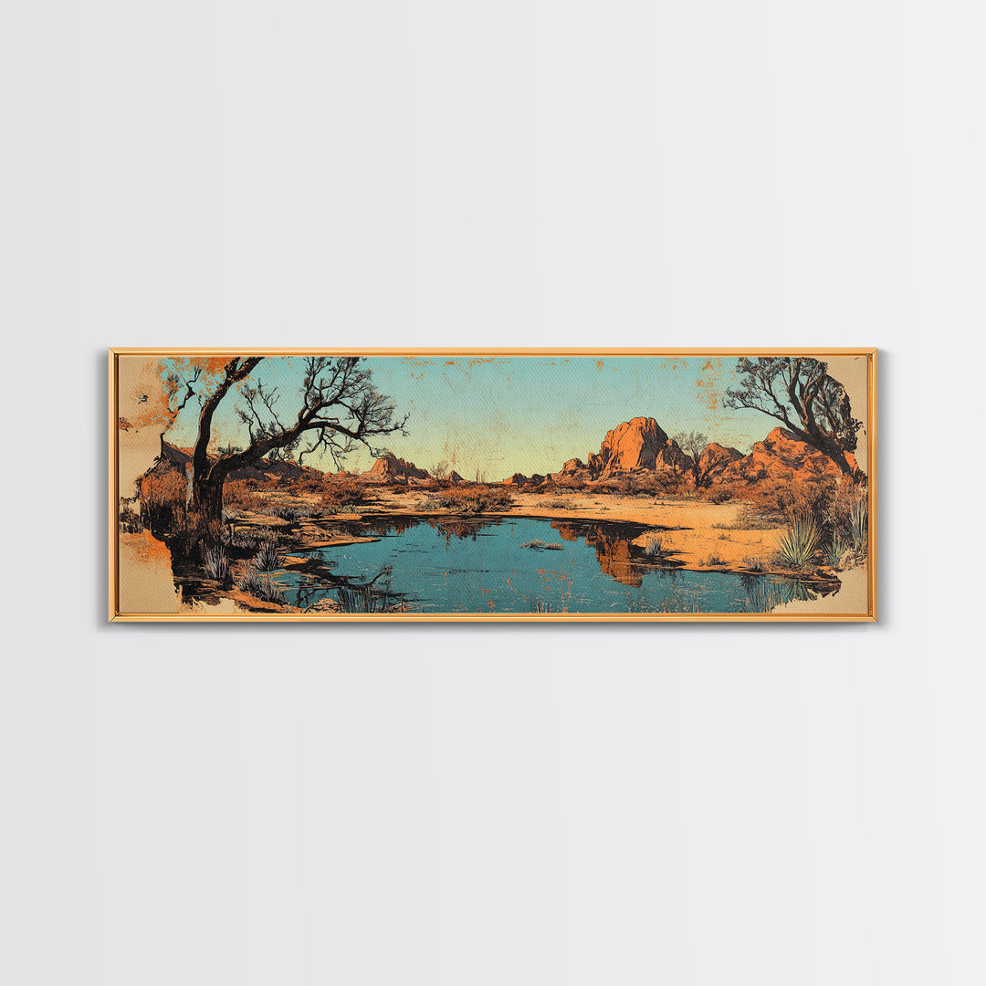Southwestern Desert Lake Reflection Wall Art, Long Horizontal Canvas Print, Rustic Landscape, Warm Earth Tone Living Room Decor