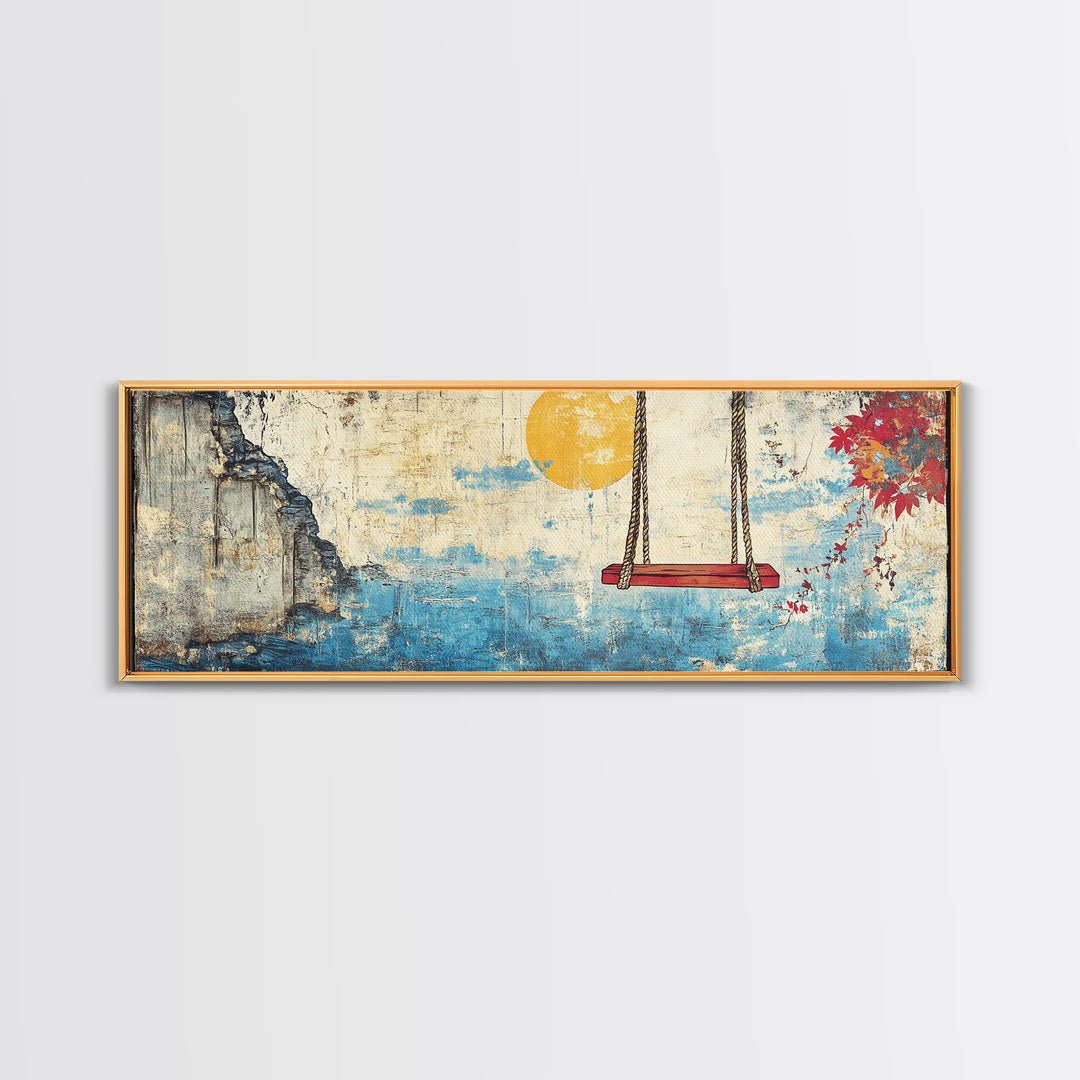 Ocean Cliff Swing Yellow Moon Wall Art, Long Horizontal Canvas Print, Coastal Blue Seascape, Japanese Minimalist Bedroom Decor