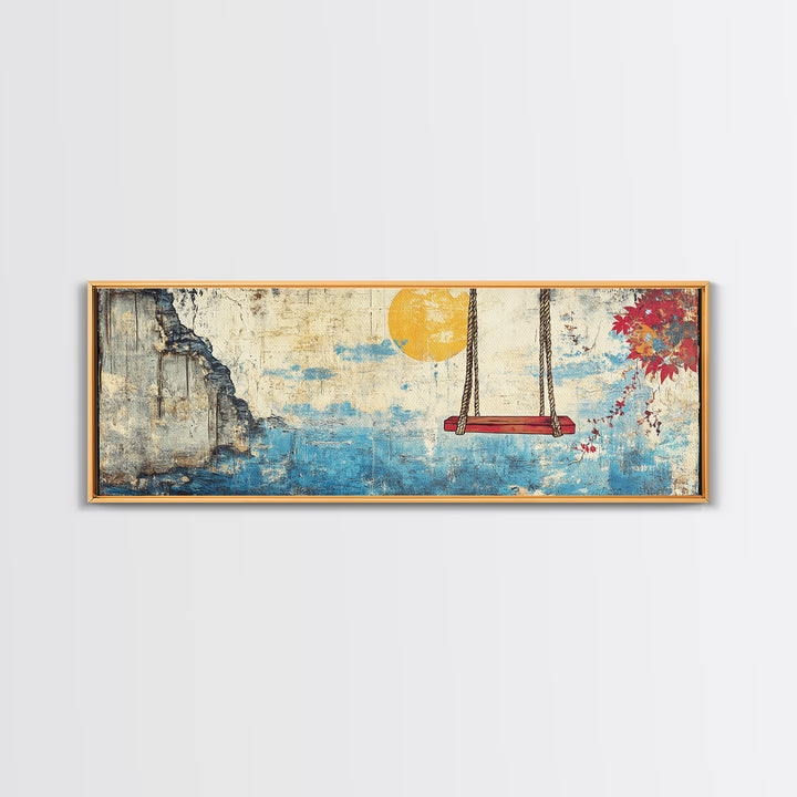 Ocean Cliff Swing Yellow Moon Wall Art, Long Horizontal Canvas Print, Coastal Blue Seascape, Japanese Minimalist Bedroom Decor