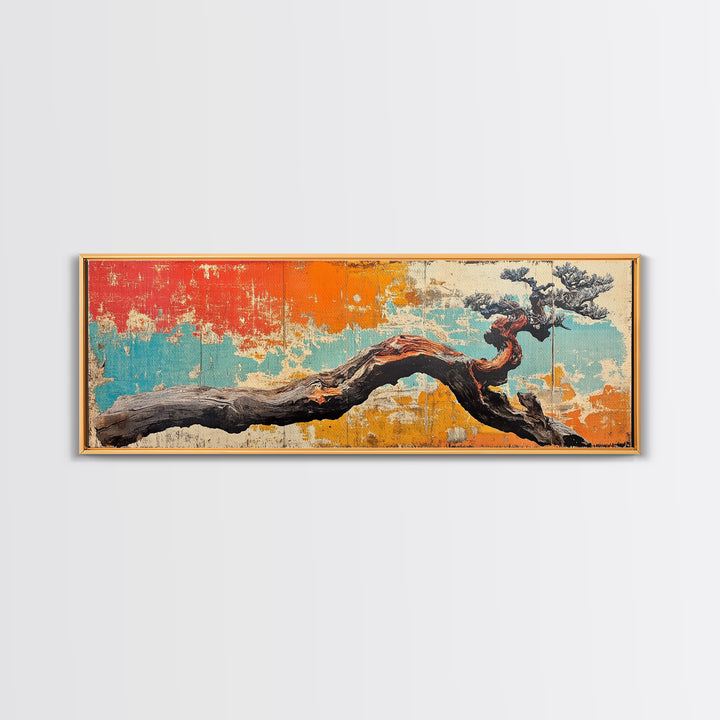 Gnarled Bonsai Tree Branch Wall Art, Japanese Nature Print, Wabi Sabi Decor, Rustic Horizontal Canvas For Modern Living Room