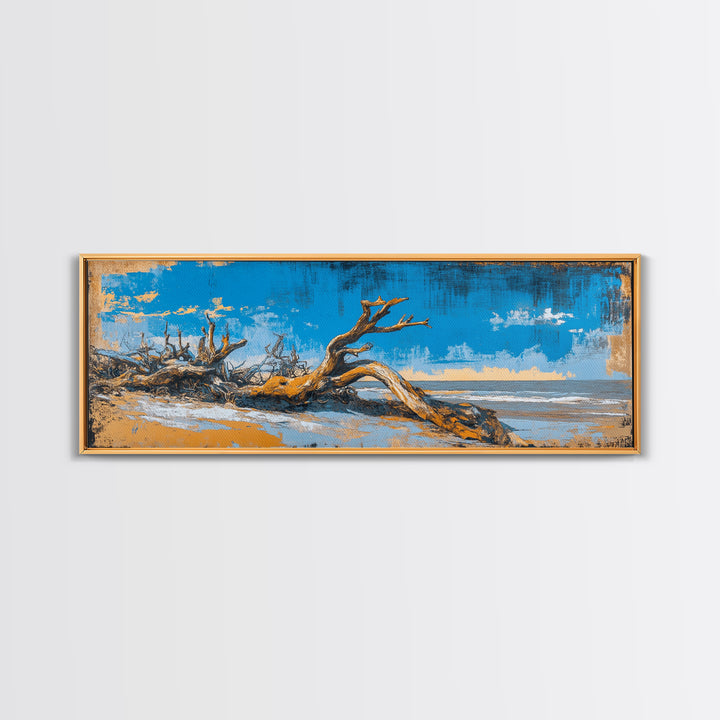 Driftwood Beach And Blue Sky Canvas Print, Coastal Wall Art, Nautical Landscape Decor, Large Horizontal Print For Beach House