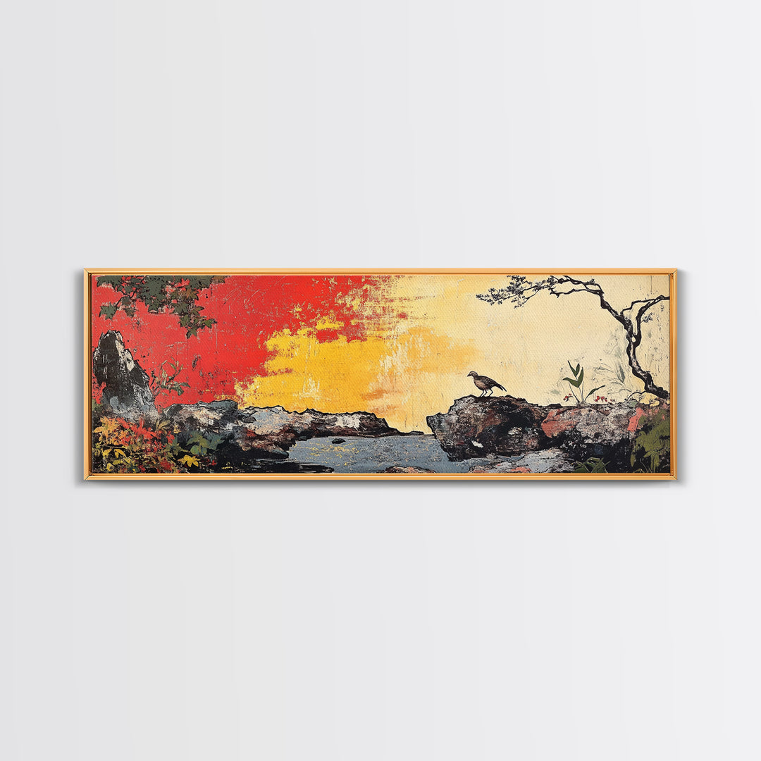 Crow On Rocky Japanese Garden Wall Art, Red Sunset Landscape Print, Asian Inspired Decor, Large Horizontal Canvas For Living Room