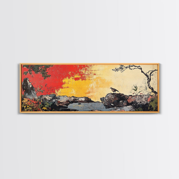 Crow On Rocky Japanese Garden Wall Art, Red Sunset Landscape Print, Asian Inspired Decor, Large Horizontal Canvas For Living Room