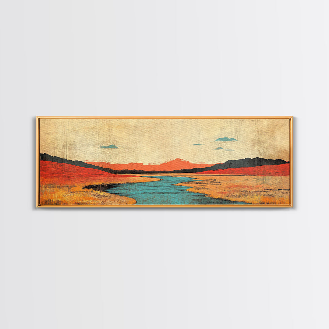 Red Grass Valley River Landscape Canvas Print, Modern Southwestern Wall Art, Wide Horizontal Nature Decor For Living Room