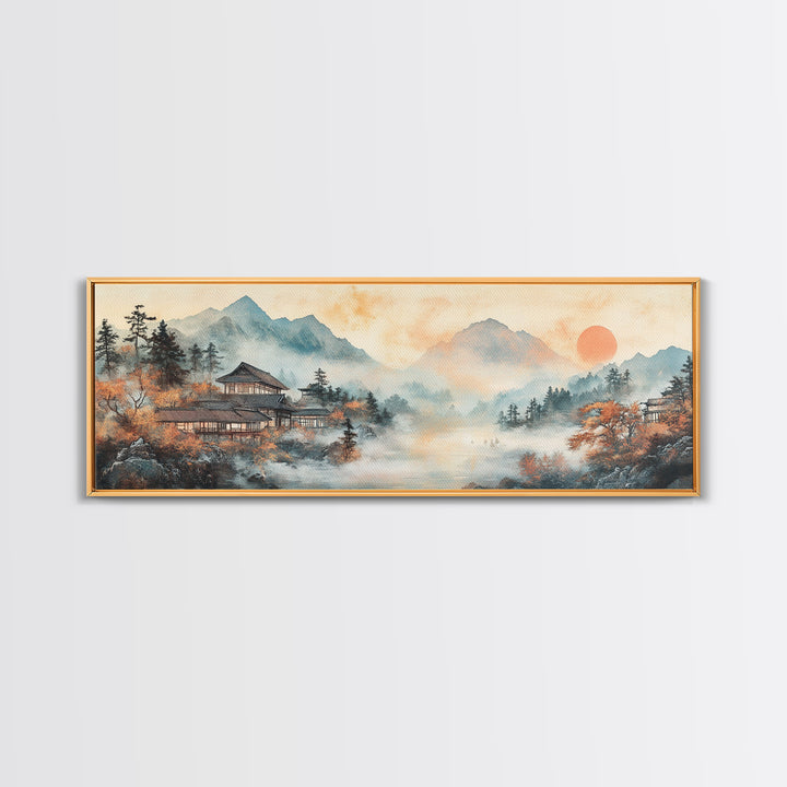 Misty Mountain Temple Framed Canvas Print, Japanese Landscape Art, Zen Lake Wall Decor, Panoramic Living Room Decor Gift