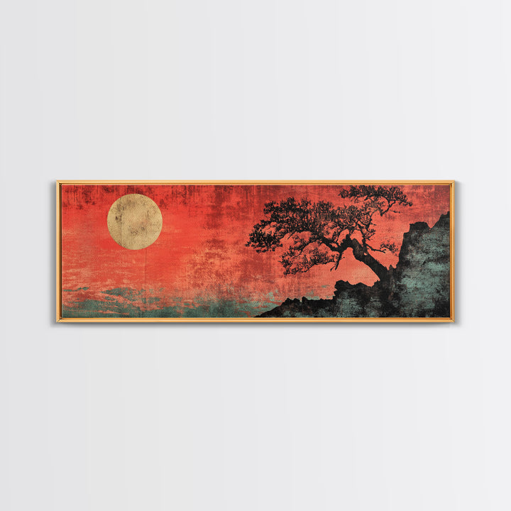 Red Moon Bonsai Silhouette Framed Canvas Print, Japanese Zen Landscape, Moody Wall Art, Asian Decor For Living Room Decor