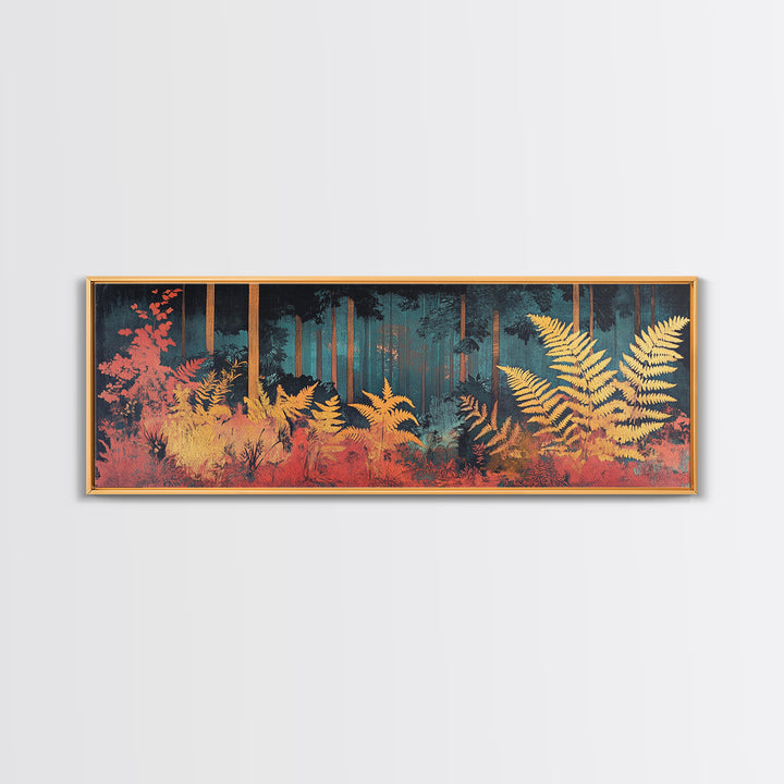 Golden Fern Forest Framed Canvas Print, Japanese Botanical Wall Art, Moody Nature Decor, Panoramic Living Room Artwork Gift