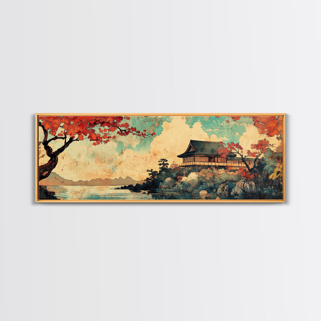 Japanese Temple Red Maple Wall Art, Mount Fuji Lake Canvas Print, Japandi Decor, Asian Landscape, Living Room Wall Art Print
