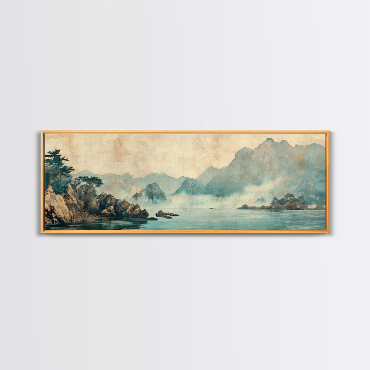 Misty Blue Mountain Lake Wall Art, Japanese Landscape Print, Zen Nature Decor, Panoramic Living Room Wall Decor, Calming Home Decor