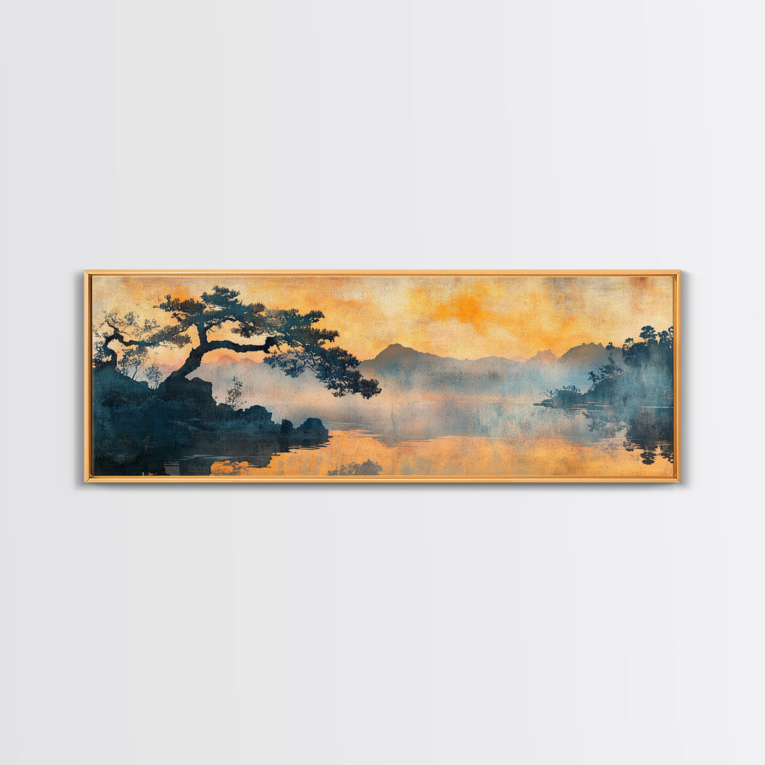 Orange Sunset Pine Lake Canvas Print, Japanese Landscape Wall Art, Moody Nature Decor, Zen Living Room Wall Decor, Warm Home Decor