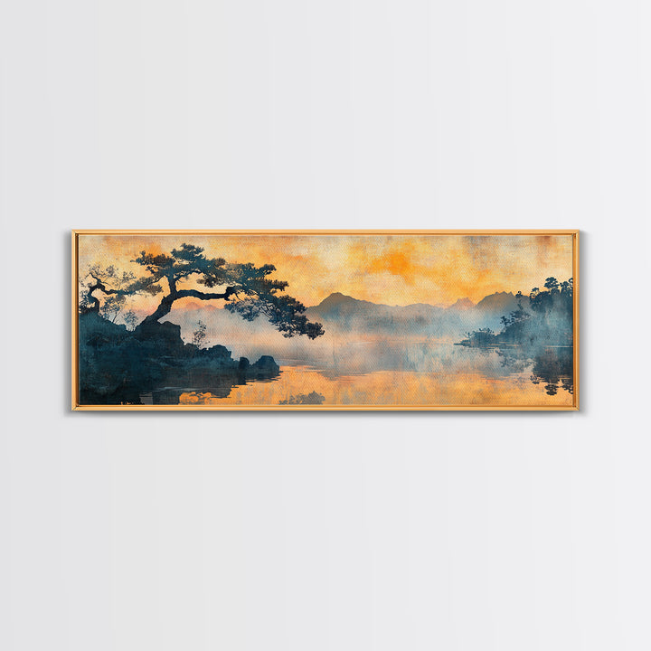 Orange Sunset Pine Lake Canvas Print, Japanese Landscape Wall Art, Moody Nature Decor, Zen Living Room Wall Decor, Warm Home Decor