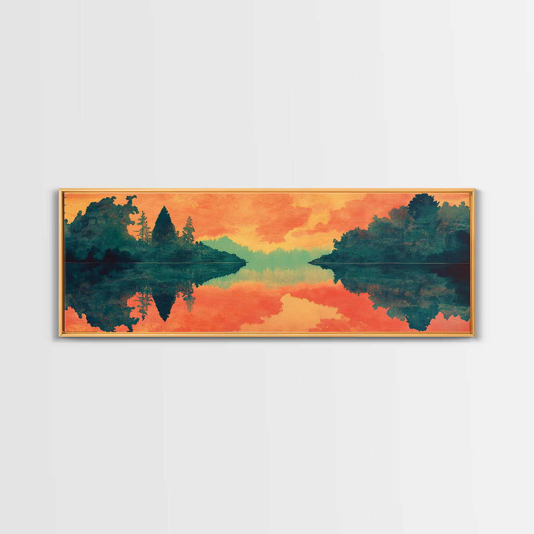Orange Lake Reflection At Sunset Canvas Print, Forest Landscape Wall Art, Modern Nature Decor, Large Living Room Art, Home Decor