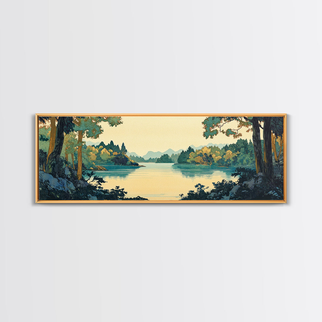 Framed Lake Through Forest Trees Wall Art, Japanese Landscape Print, Scenic Nature Decor, Blue Green Living Room Decor, Home Decor