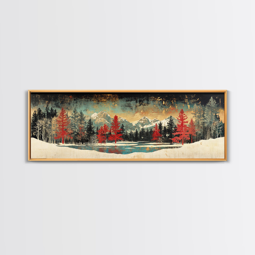 Snowy Mountain Forest With Red Pines Framed Canvas Print, Winter Landscape Wall Art, Rustic Cabin Decor For Living Room Decor