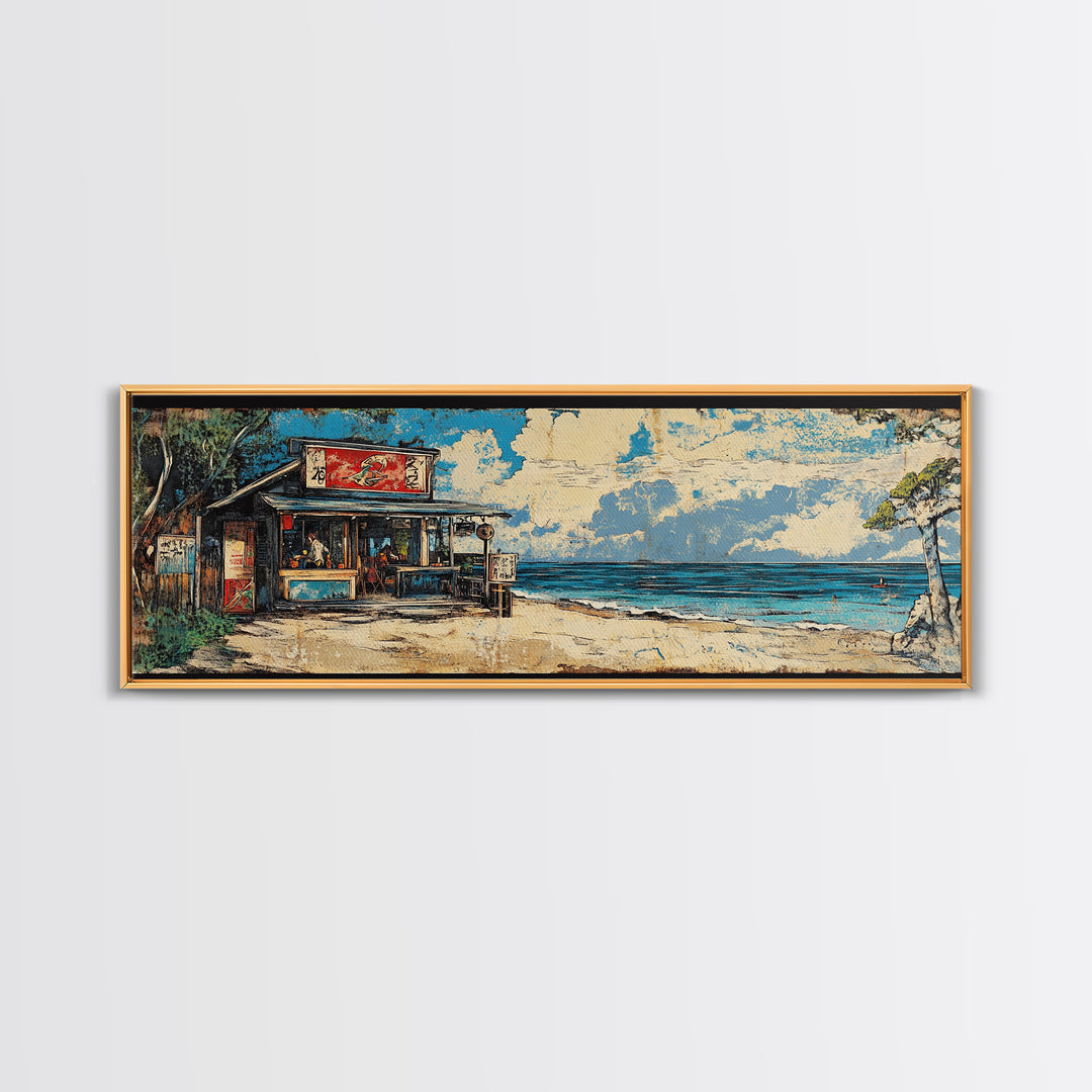 Beachfront Asian Food Shack Wall Art, Tropical Ocean Canvas Print, Coastal Kitchen Decor For Beach House Living Room Decor