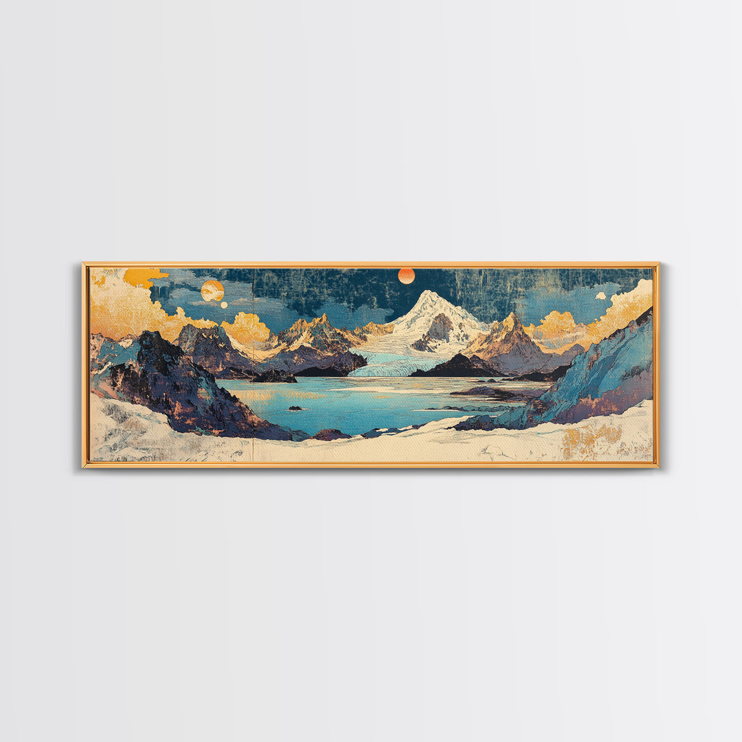 Snowy Peak And Moonlit Lake Canvas Print, Japanese Mountain Landscape, Blue Gold Wall Art, Wide Horizontal Living Room Decor