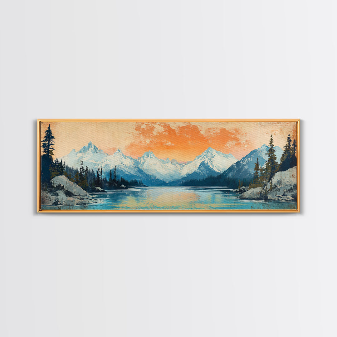 Orange Sunset Alpine Lake Wall Art, Snowy Mountain Landscape Print, Rustic Cabin Decor, Large Horizontal Canvas Home Decor