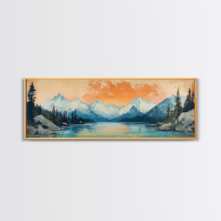 Orange Sunset Alpine Lake Wall Art, Snowy Mountain Landscape Print, Rustic Cabin Decor, Large Horizontal Canvas Home Decor